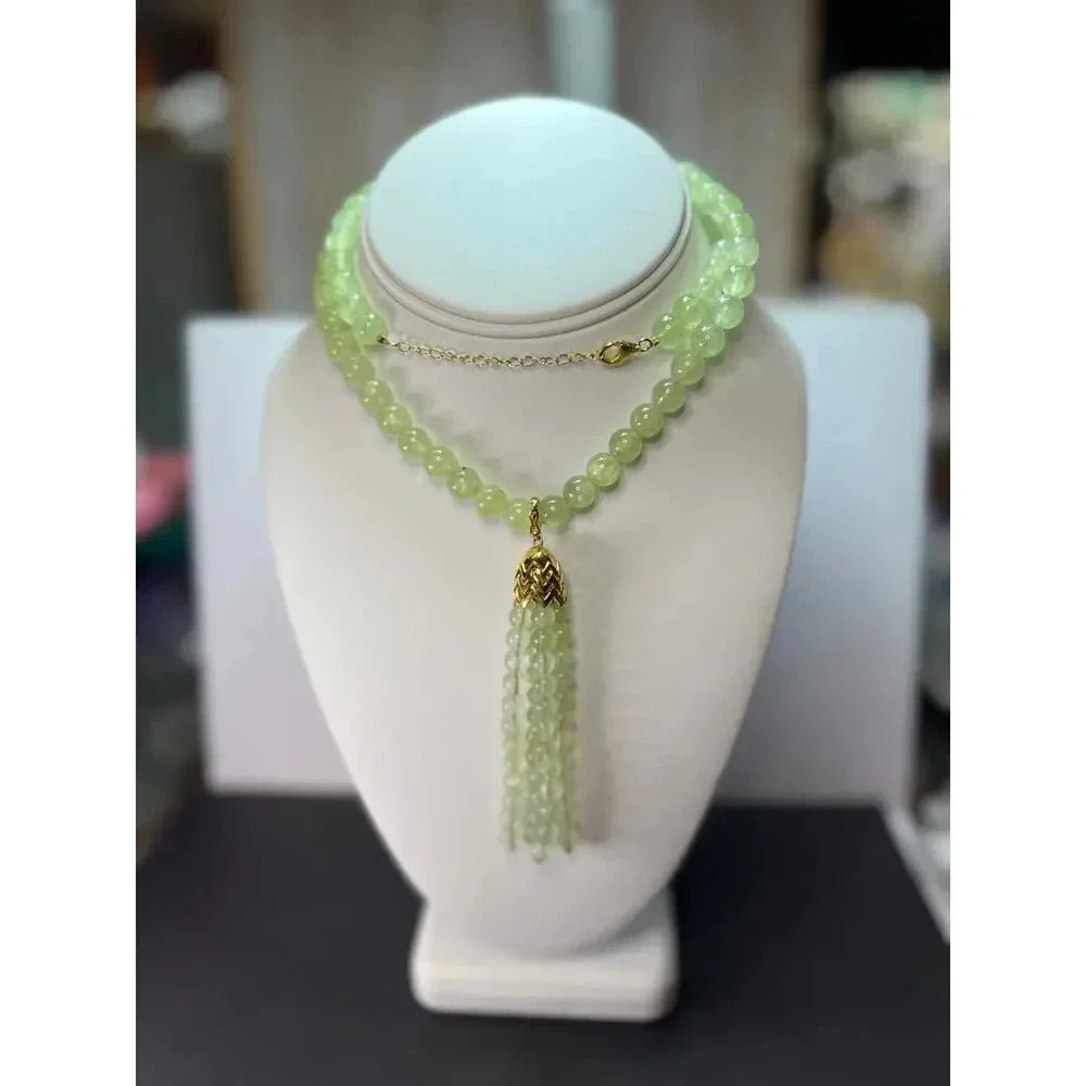 Prehnite beaded necklace with tassel enhancer and gold over sterling silver